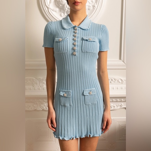 Self-Portrait Light Blue Ribbed Knit Mini Dress - Picture 3 of 14